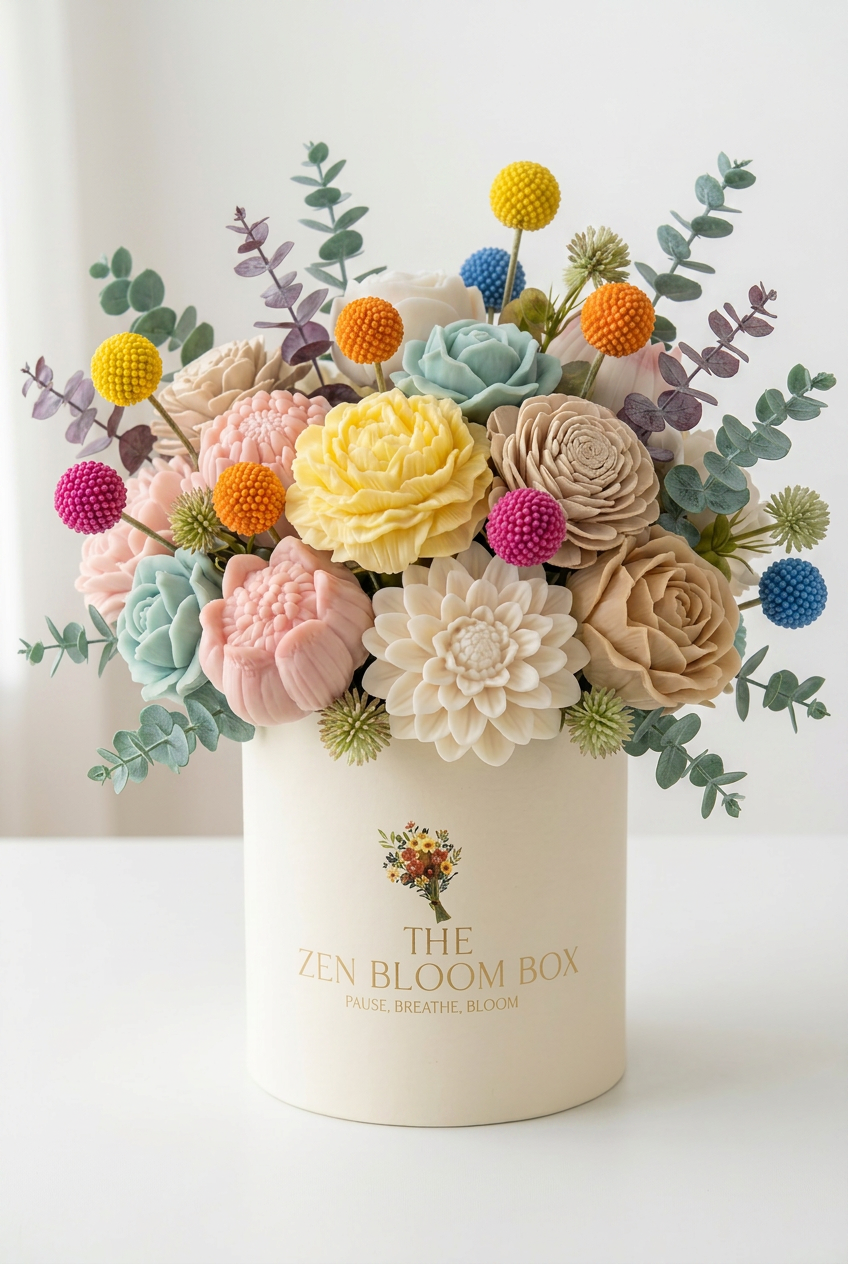 The Zen Bloom Box wax melt bouquet with colourful billy balls, sola flowers and greenery thoughtfully selected by our floral designer