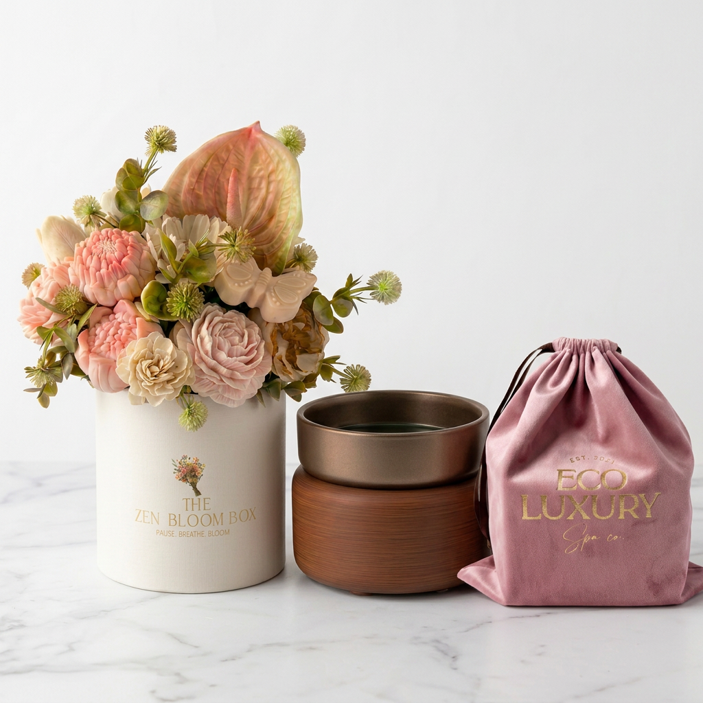 The Zen Bloom Box bouquet with the free electric wax warmer and the mystery wellness gift bag