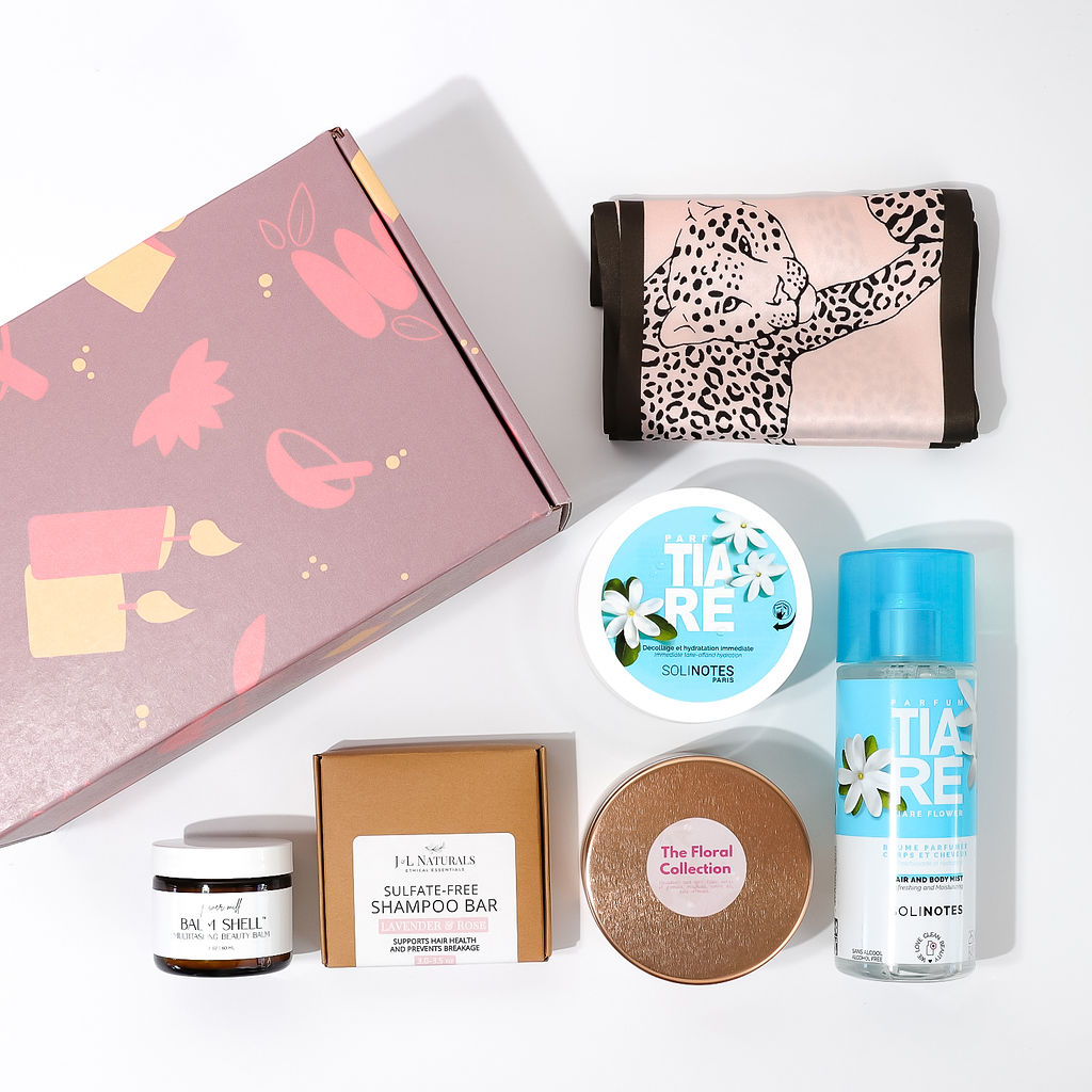 Build your own wellness gift box, flat lay of six self-care products