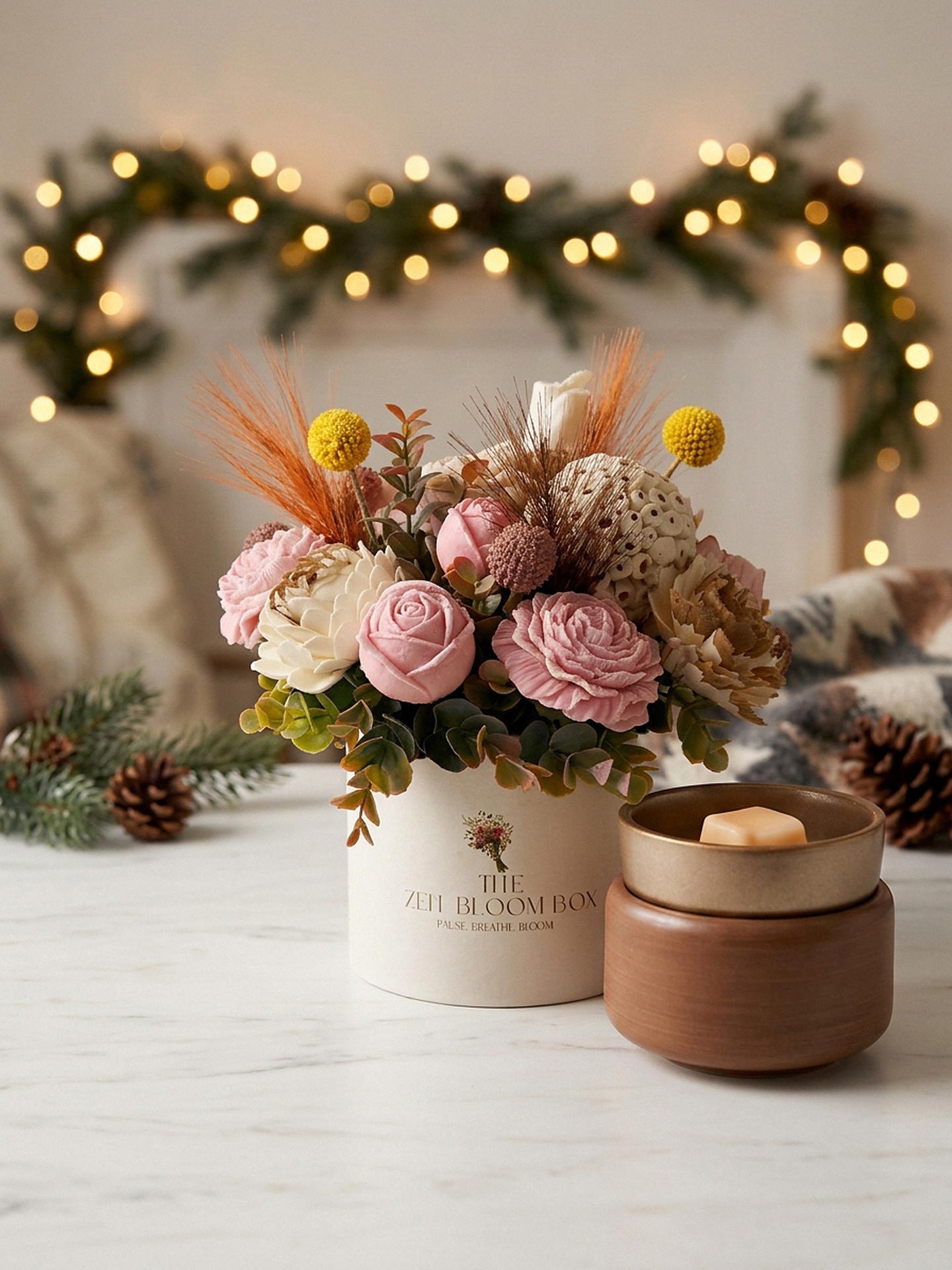 Pink Zen Bloom bouquet with Christmas accents