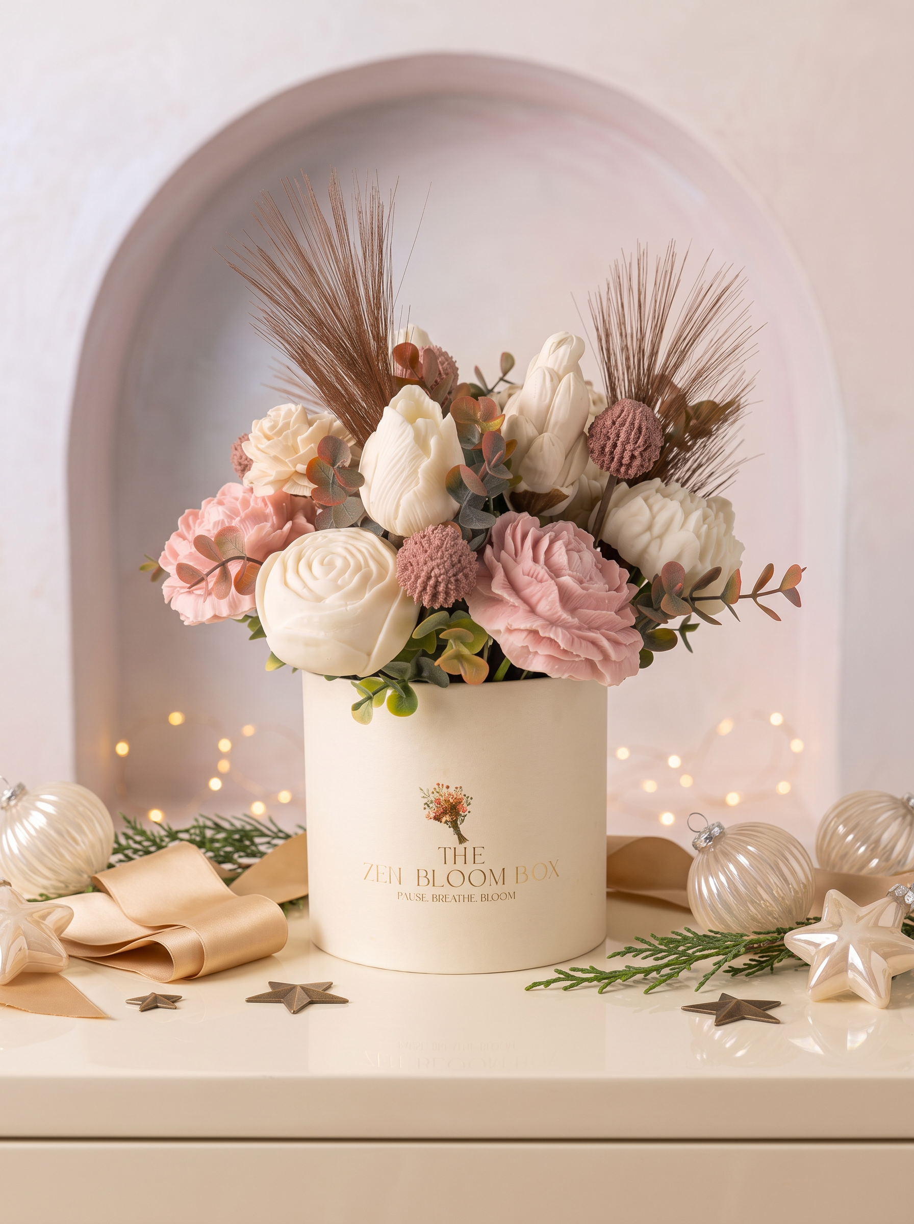 Zen Bloom wax melt bouquet in a pearl Christmas studio setting