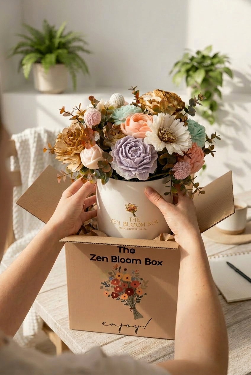 An open Zen Bloom Box revealing this month's bouquet