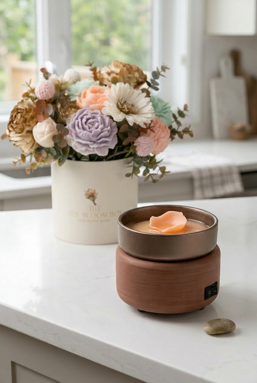 A Zen Bloom bouquet beside a softly glowing electric warmer
