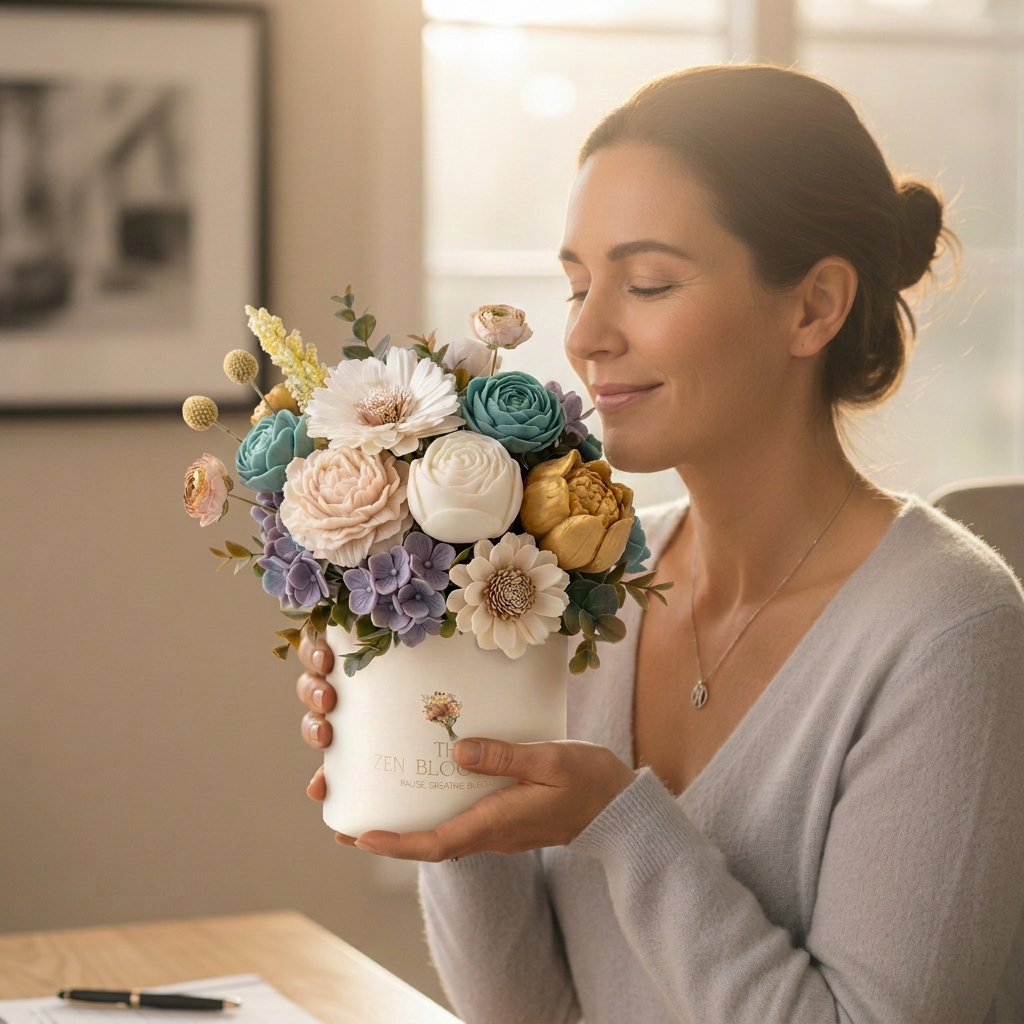 A woman holding her Zen Bloom Box wax melt bouquet close, eyes closed in a moment of calm