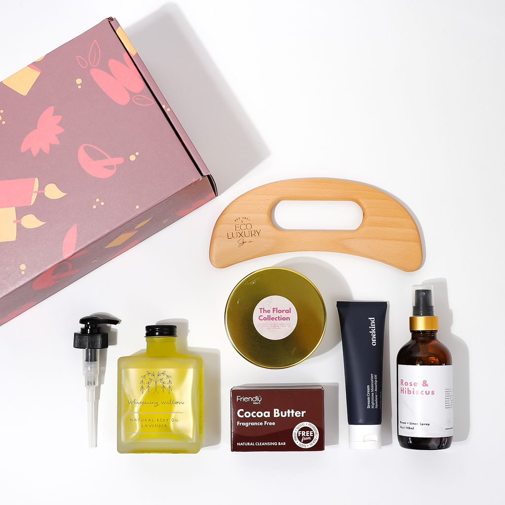 Build your own wellness gift box, flat lay of six self-care products
