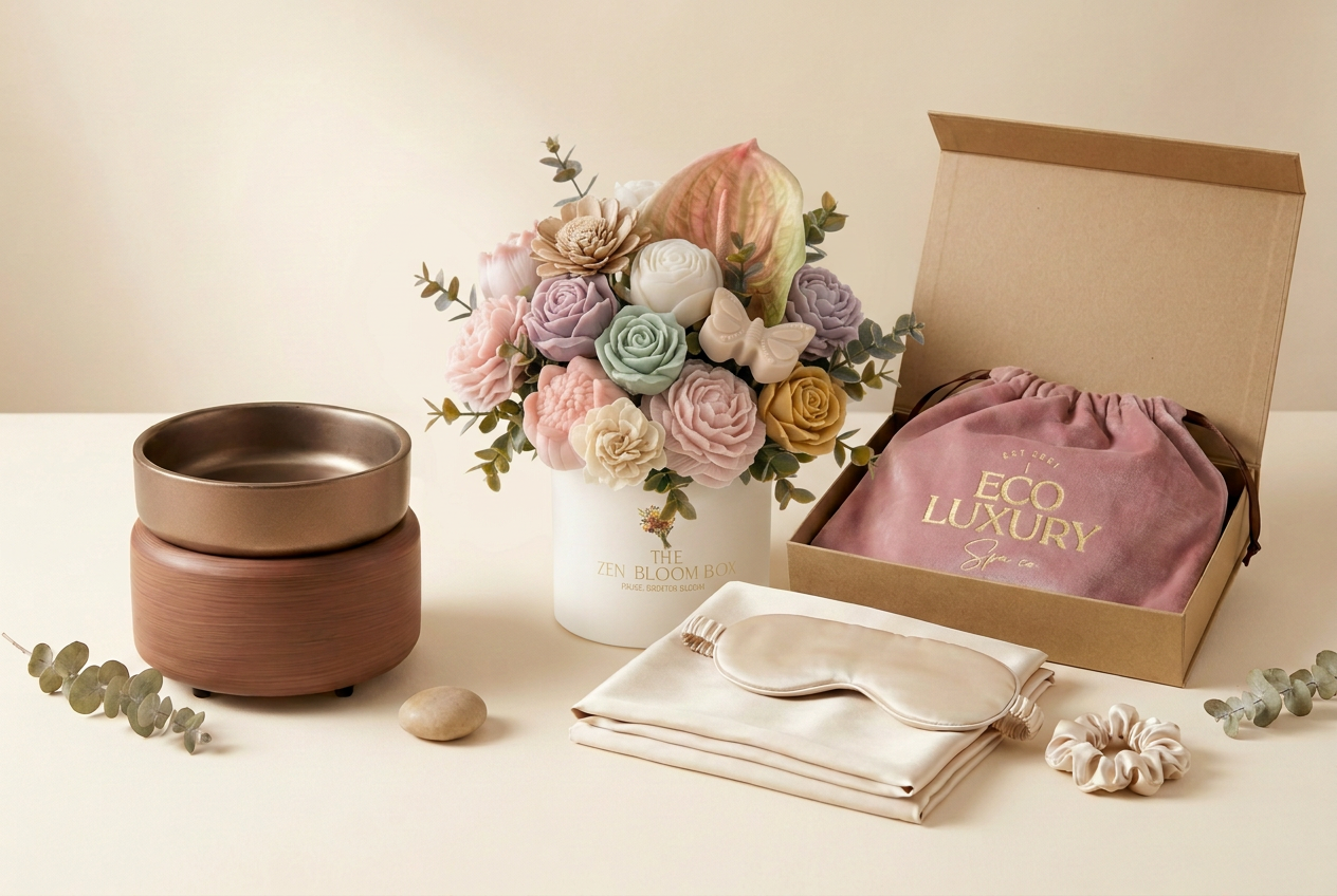 The free electric wax warmer and mulberry silk sanctuary set beside a glowing Christmas tree