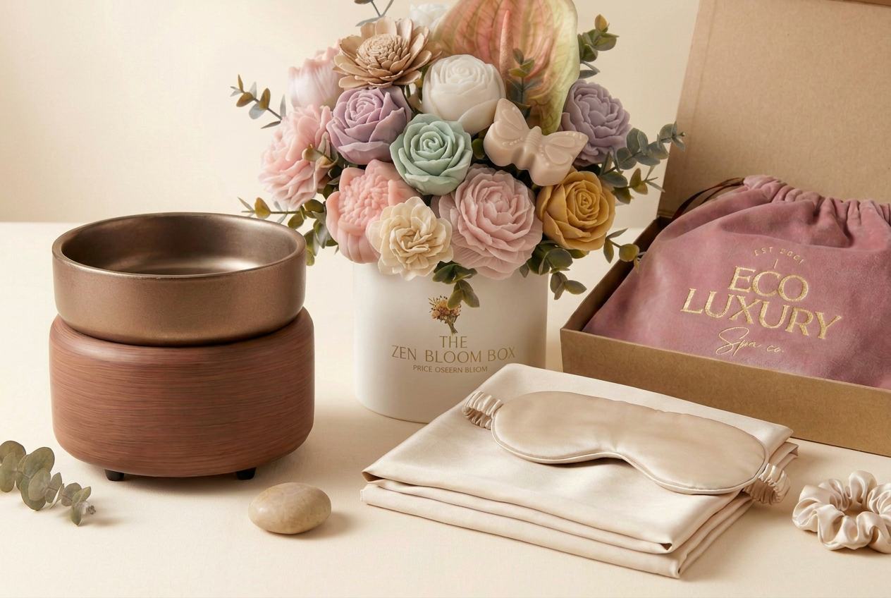 Wax melt bouquet, electric warmer and silk set with the sleep mask resting on the folded pillowcase