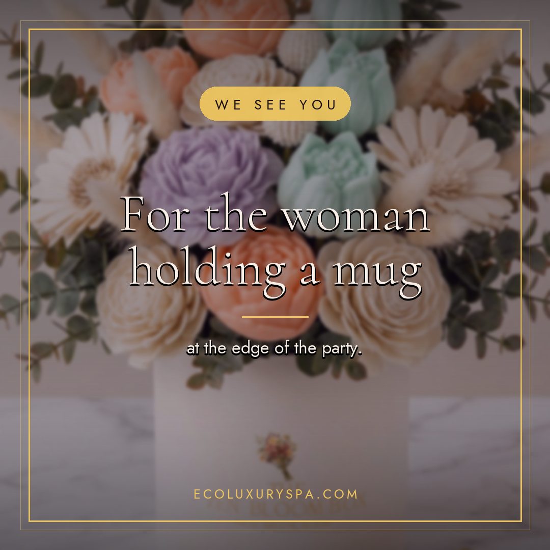 For the woman holding a mug at the edge of the party